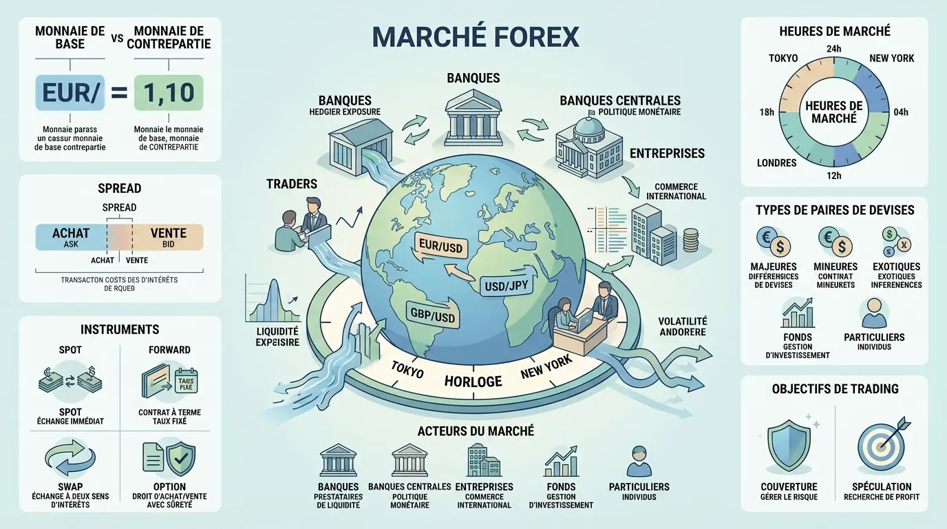 Infographie éducative sur le marché des changes forex, illustrant les échanges de devises, acteurs, risques et instruments.