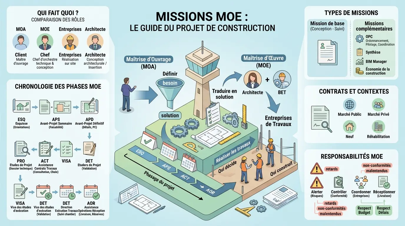 Infographie éducative sur les missions moe en construction, illustrant les rôles de la MOA, MOE, architecte et entreprises.