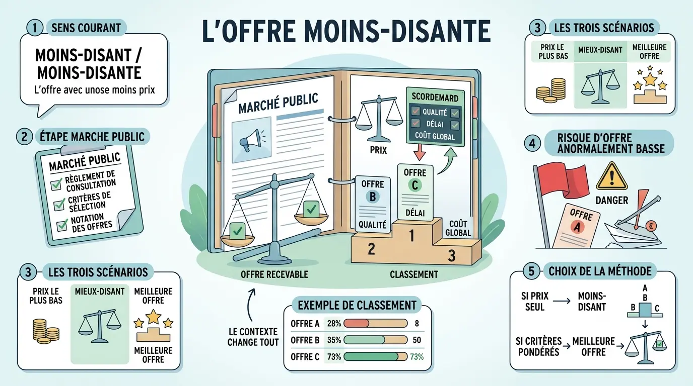 Infographie éducative sur l'offre moins-disante en marchés publics, illustrant critères, classements et exemples visuels.