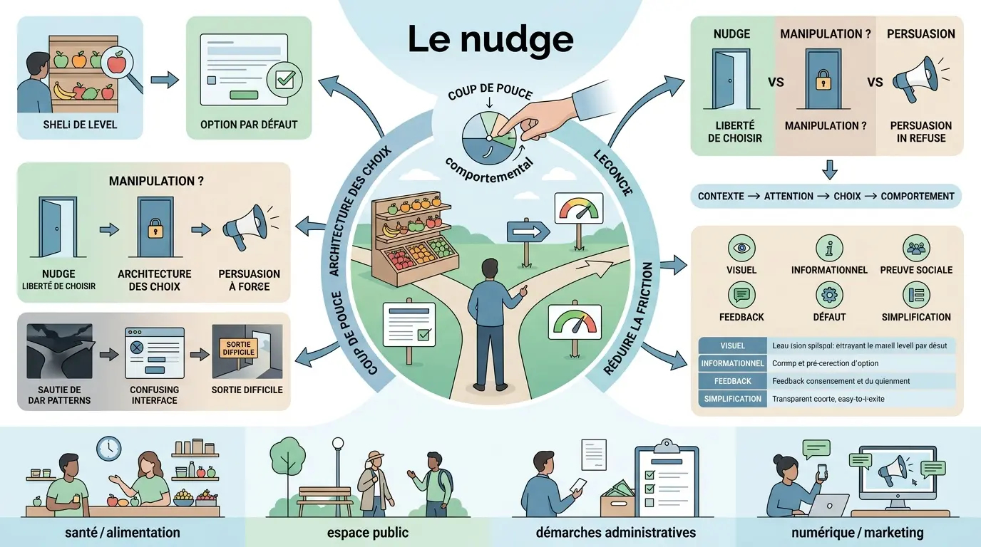 Infographie moderne expliquant la nudges définition avec des choix visuels et des métaphores comportementales.