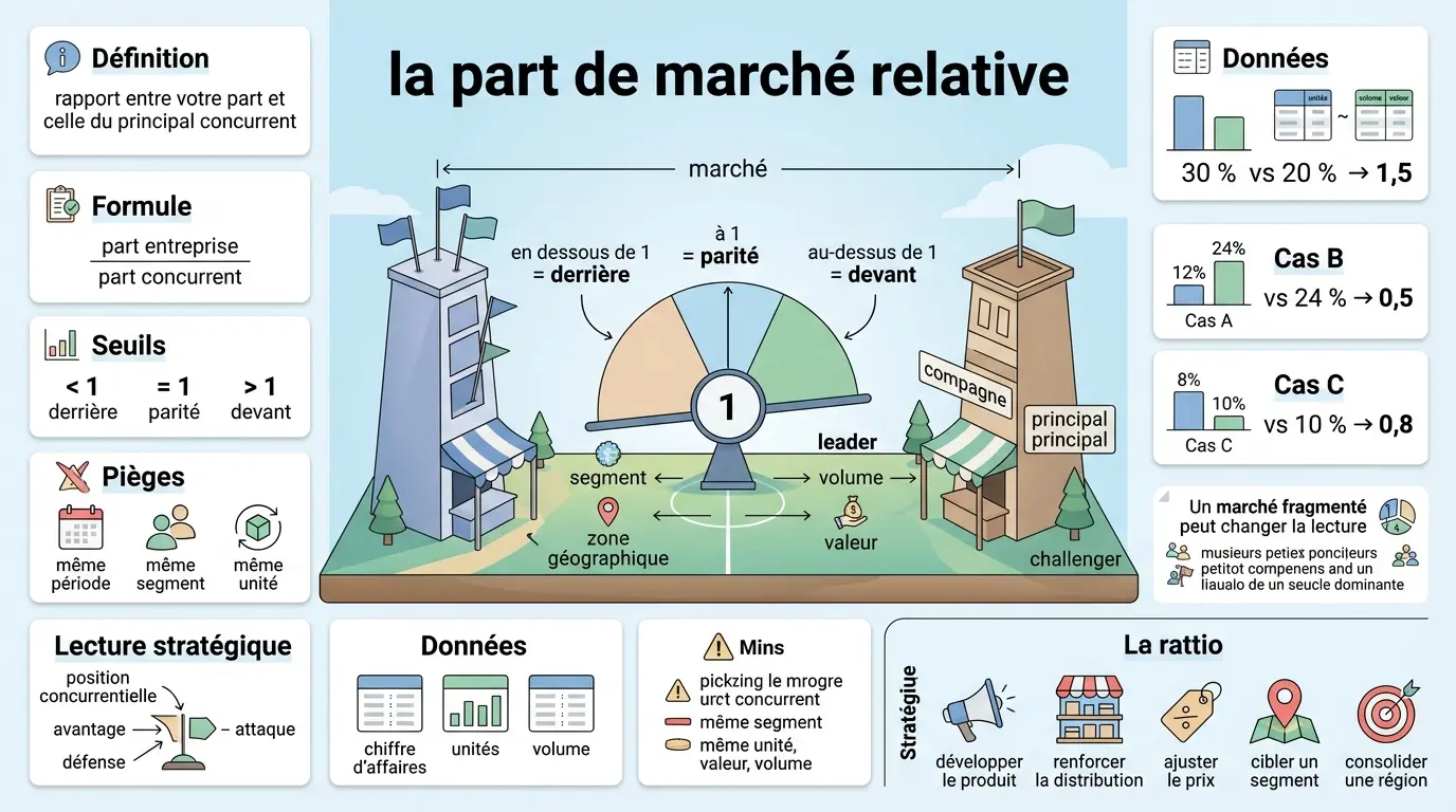 Infographie éducative illustrant la part de marché relative avec des comparaisons visuelles entre concurrents et stratégies.