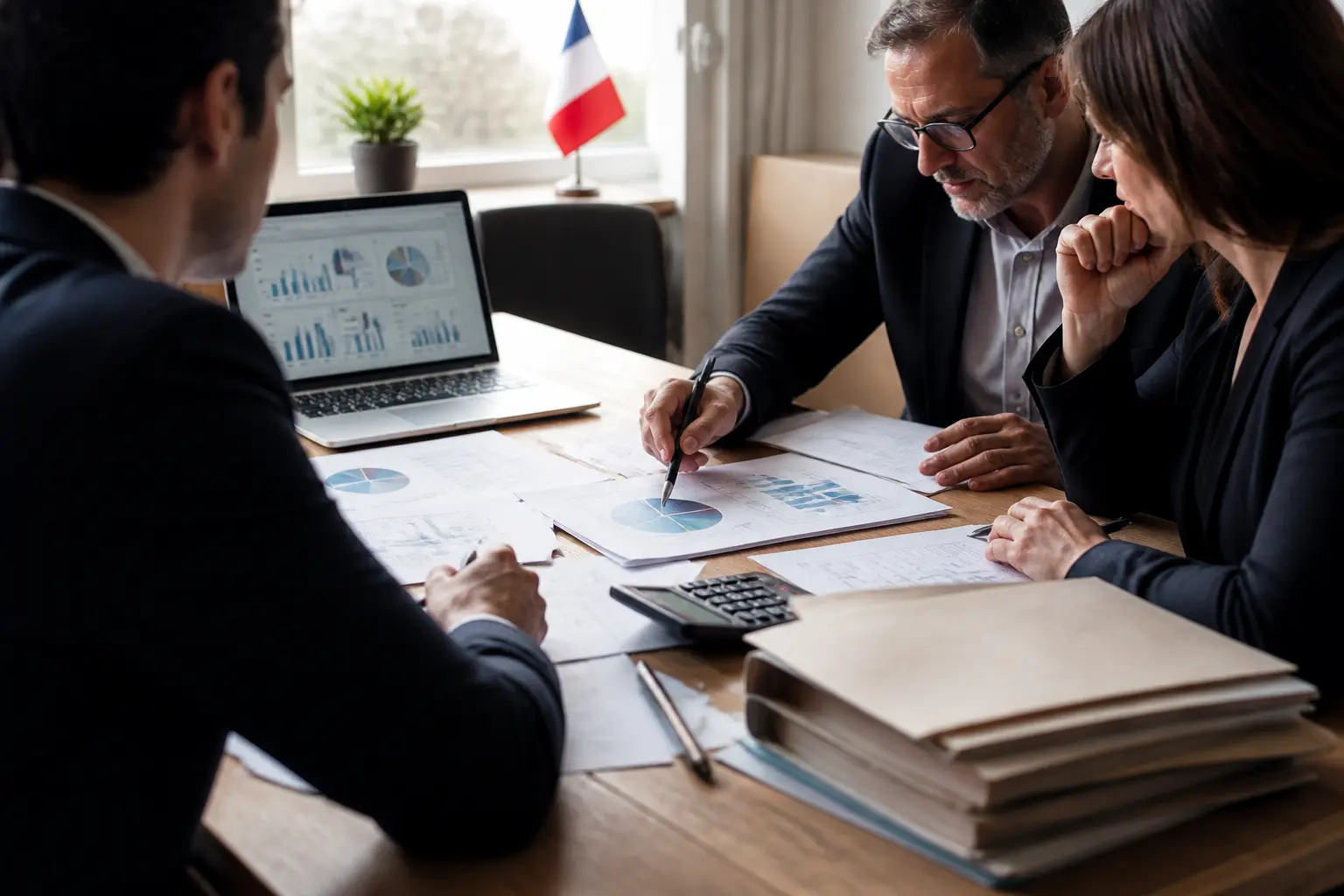 Réunion d’entreprise sur l’affectation du résultat, documents financiers, calculatrice et graphiques sur table de bureau.