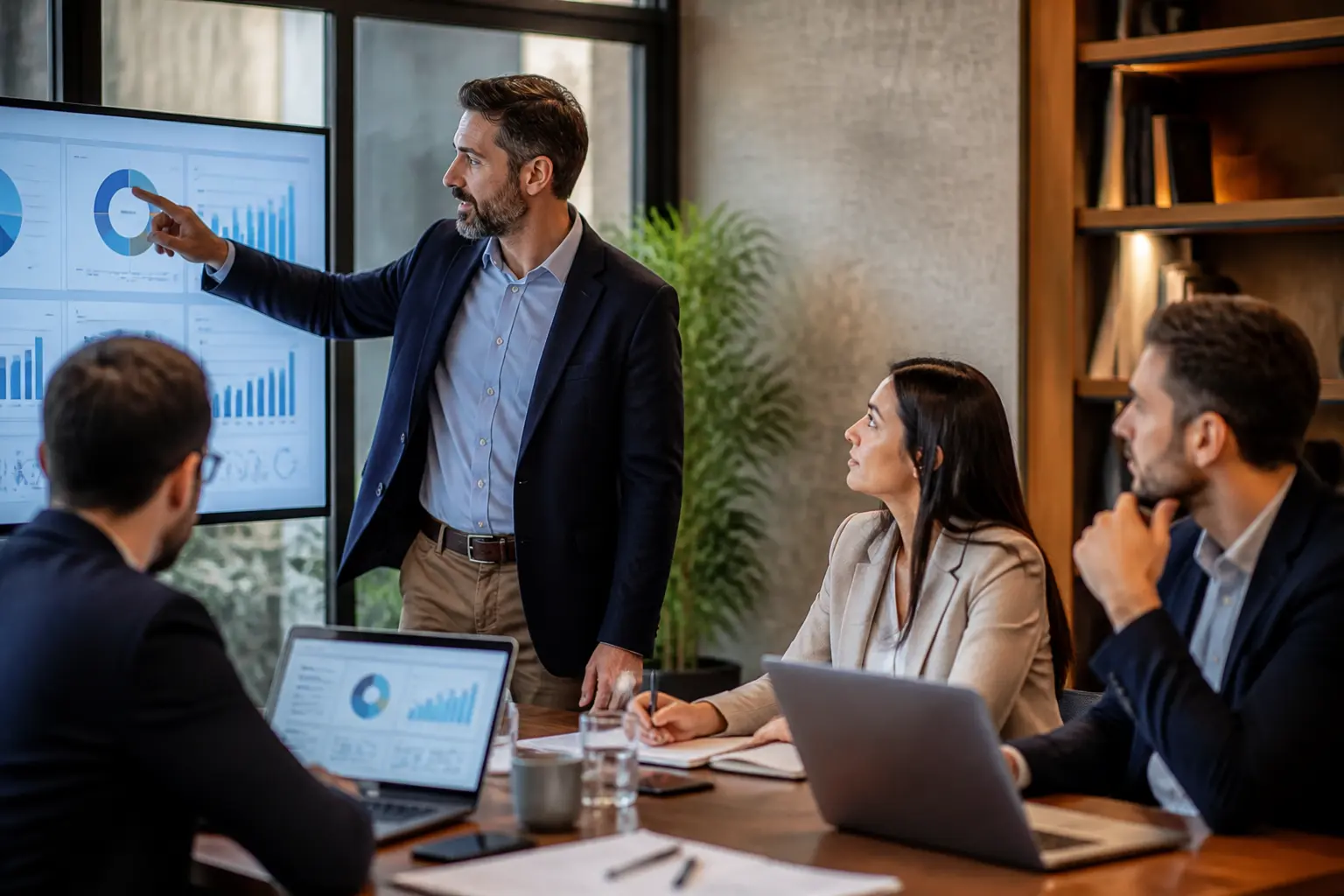 Animation de la force de vente : équipe commerciale en réunion, manager guidant, tableau de bord et suivi CRM.