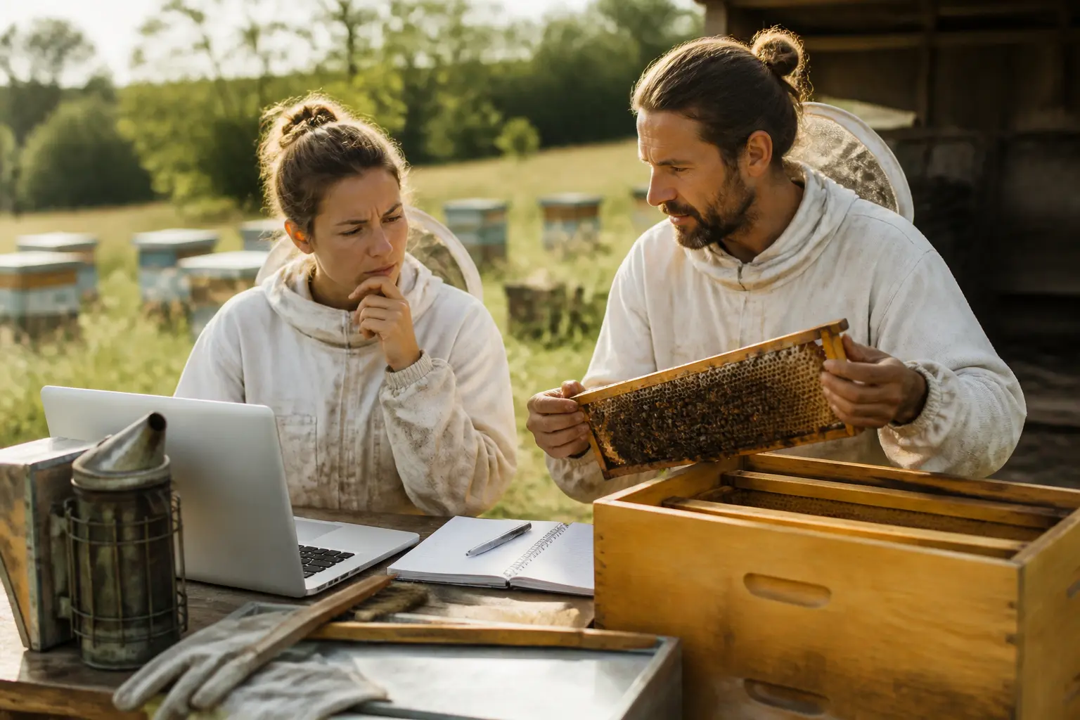 Apiculture formation : deux futurs apiculteurs comparent un programme en rucher rural, avec ruche, tenue et carnet.