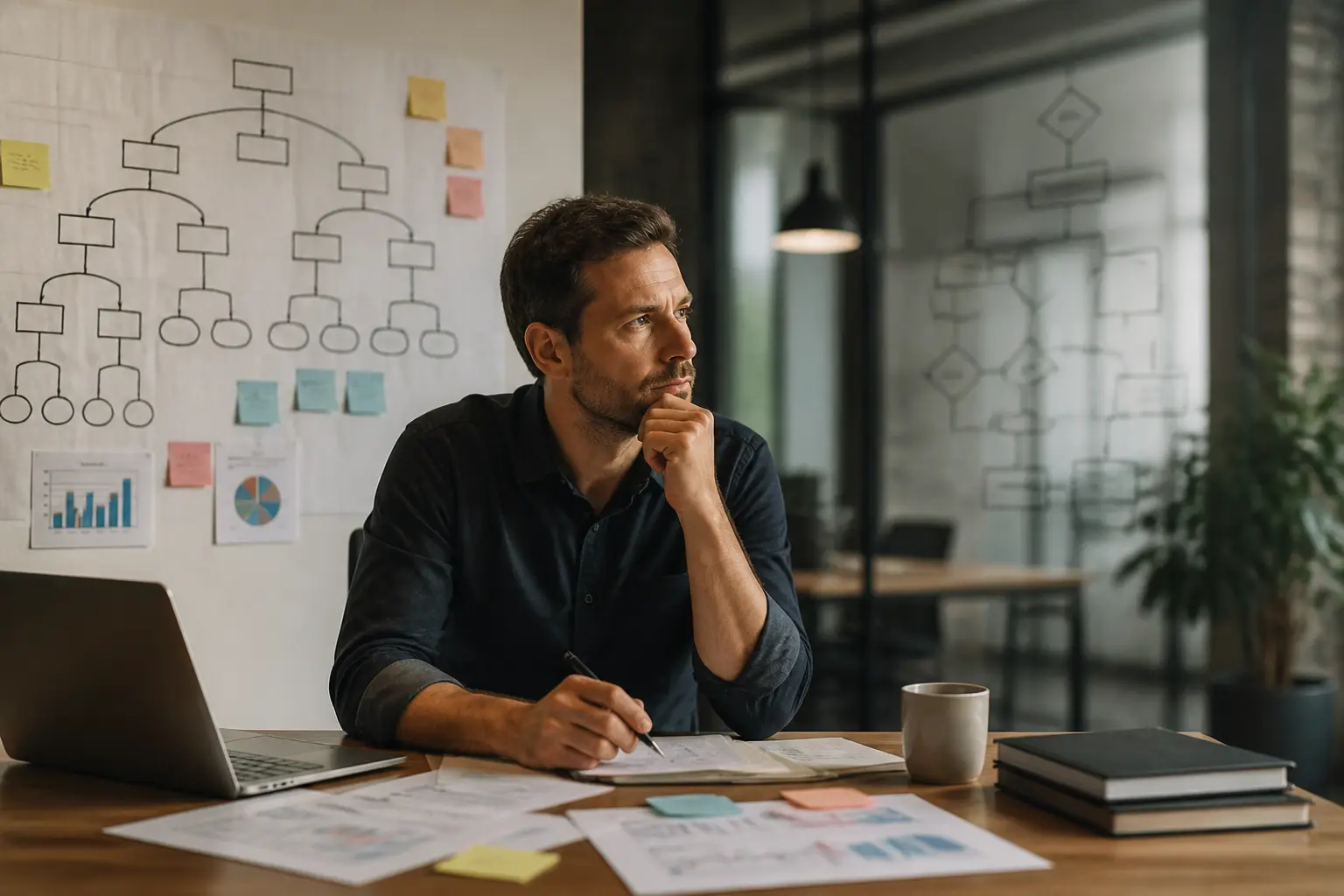 Analyste marketing devant un arbre de segmentation sur verre, bureau moderne, graphiques et laptop, ambiance stratégique