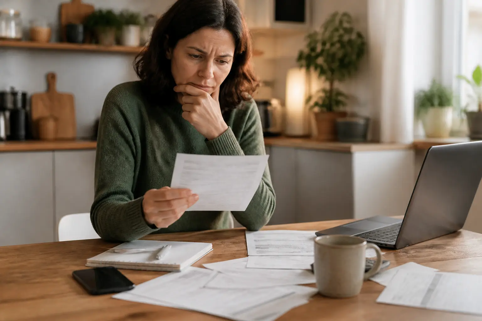 Employé en arrêt maladie employeur ne paie pas, examinant fiche de paie et documents administratifs chez lui