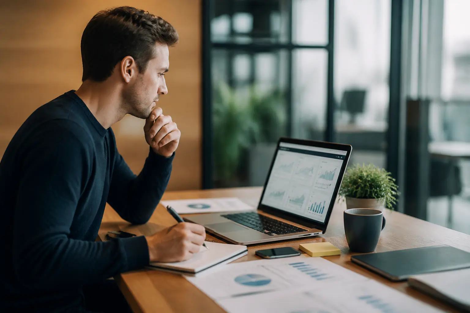 Bizdev en bureau moderne : business developer concentré, laptop, téléphone et carnet pour prospection et croissance commerciale