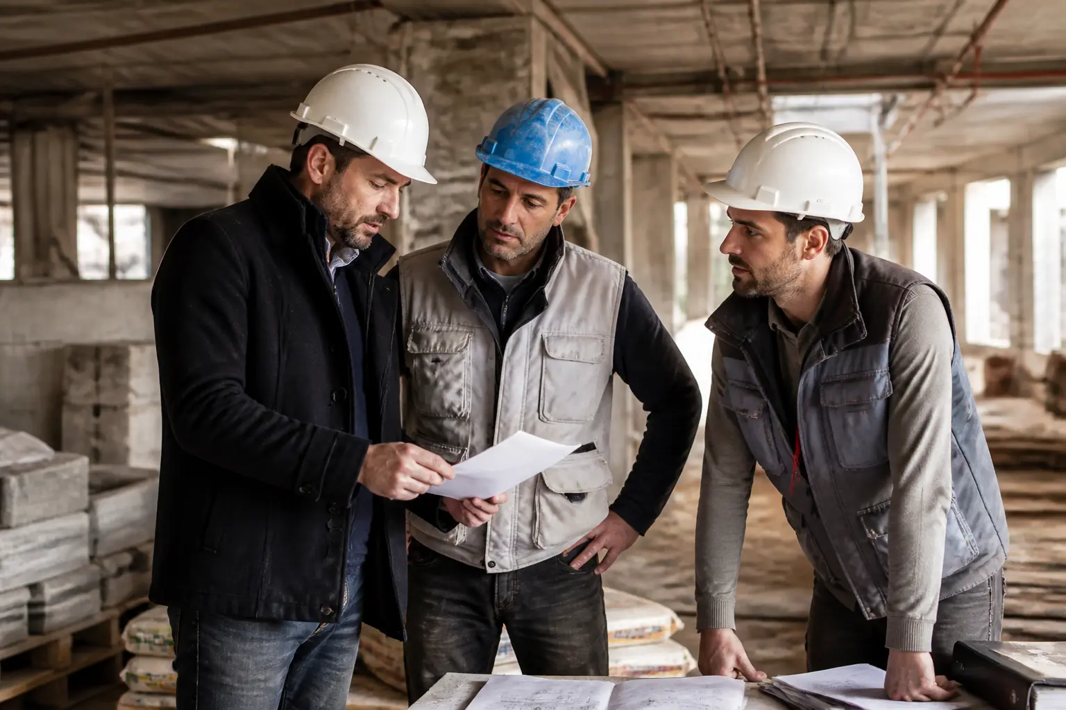 BTP sous traitance : maître d’ouvrage, sous-traitant et chef de chantier échangent des documents sur un chantier français.
