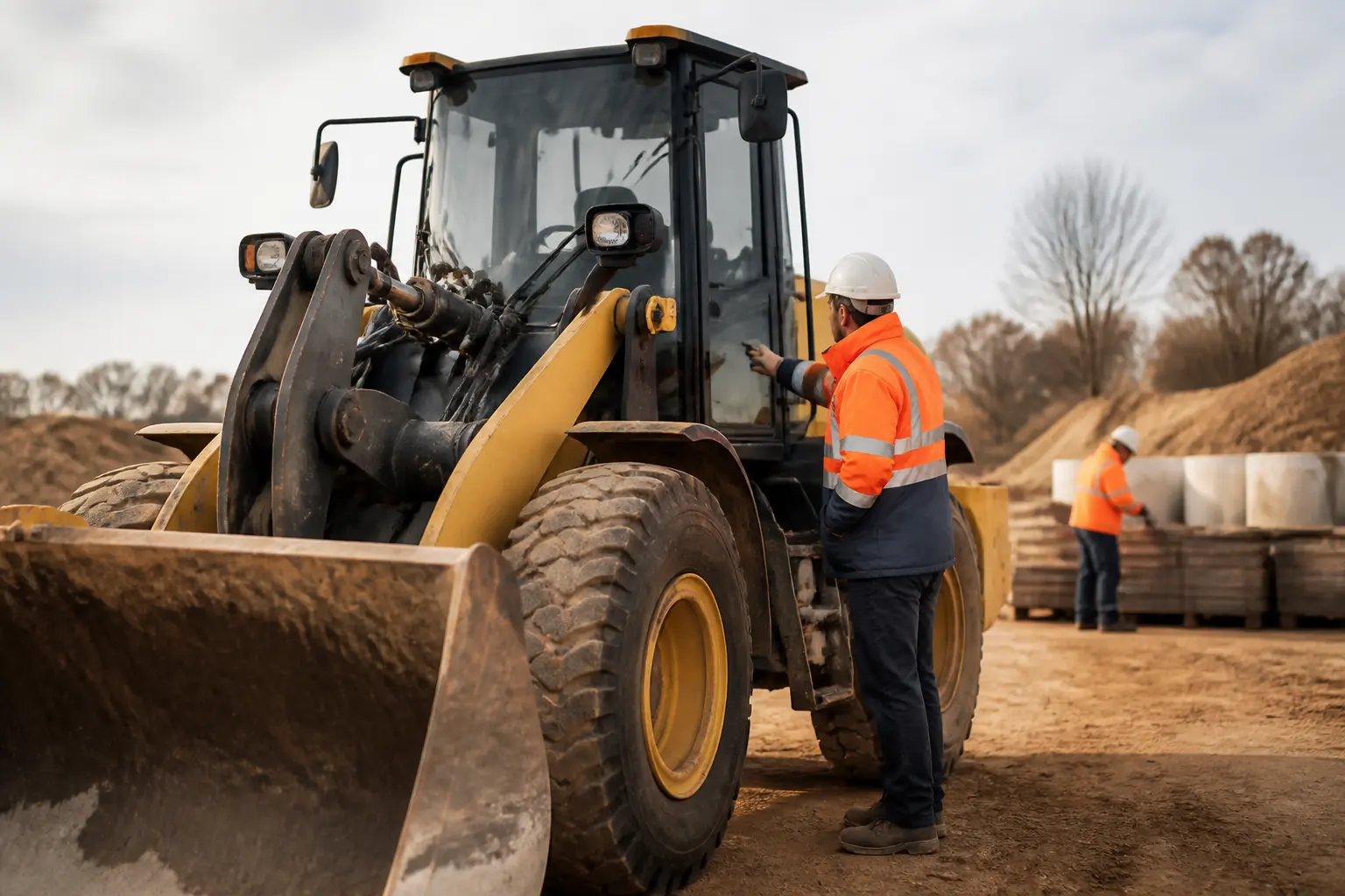caces c1 sur chantier français avec chargeuse sur pneumatiques, opérateur en EPI et ambiance formation sécurité