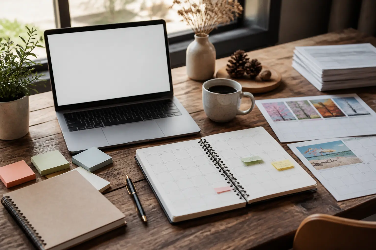 Calendrier des marronniers 2025 sur bureau premium avec agenda, notes, laptop, café et accessoires de planification annuelle