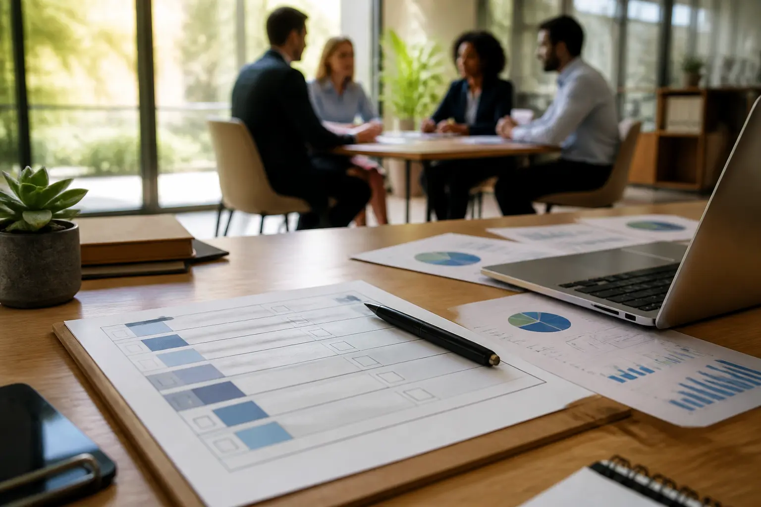 Caractérisation entreprise sur bureau avec checklist, graphiques, laptop et équipe en réunion floue au fond