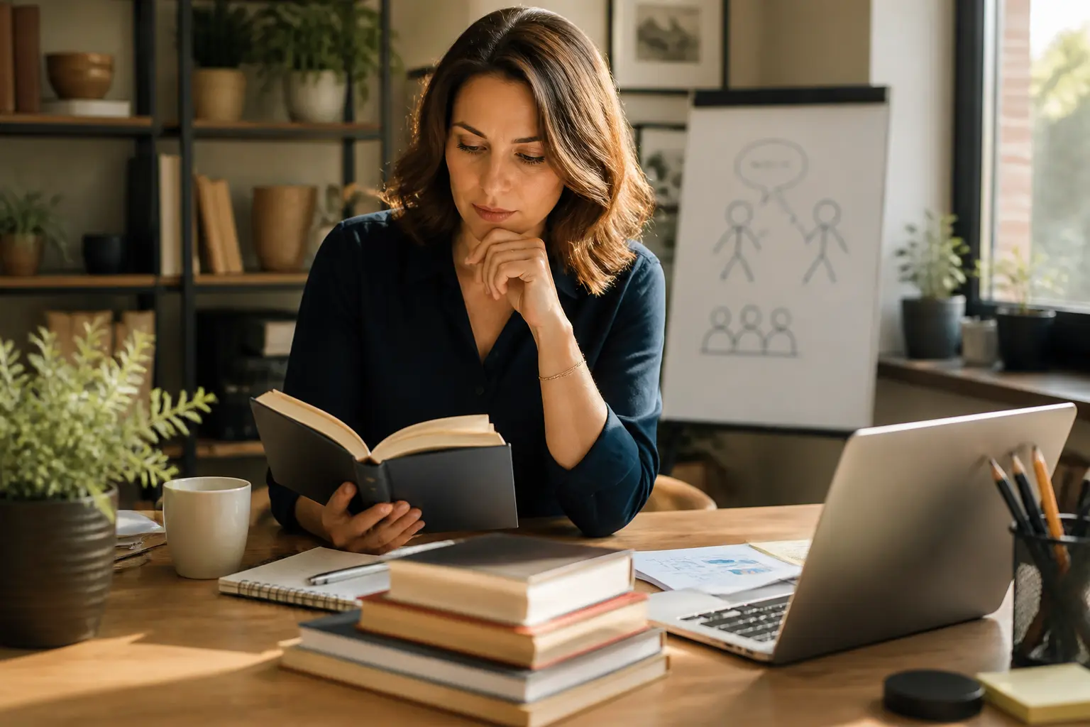 Professionnel au bureau avec livres de communication, carnet et ordinateur, pour choisir un communication livre adapté