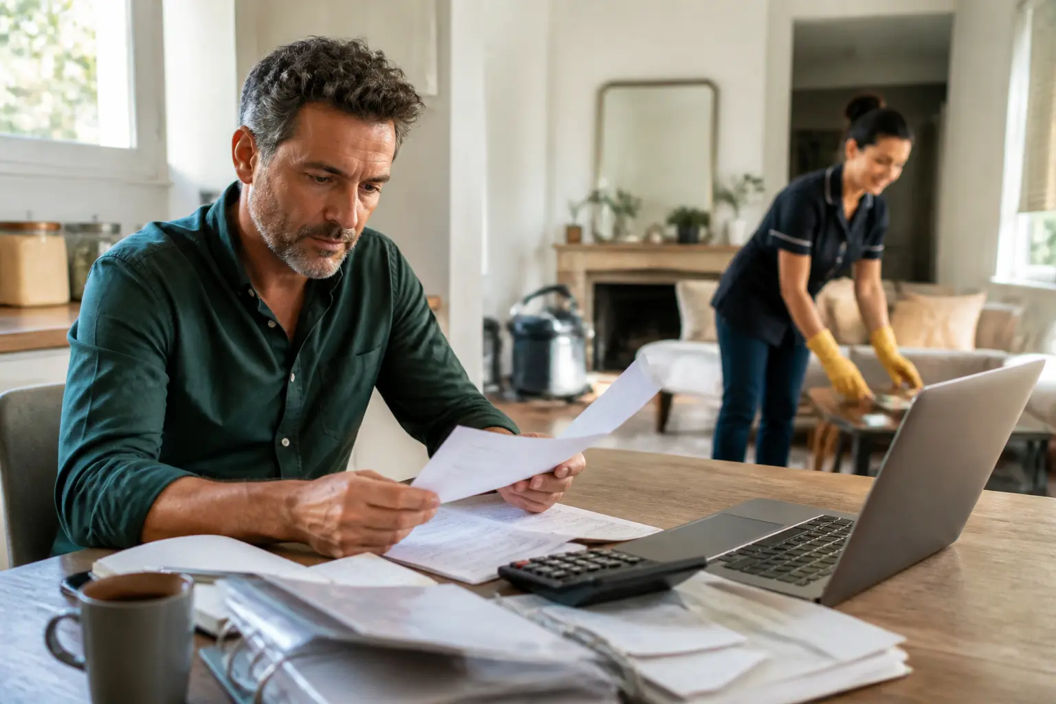 Déclaration d une femme de ménage : propriétaire et employée de maison dans une cuisine, papiers et outils de ménage visibles