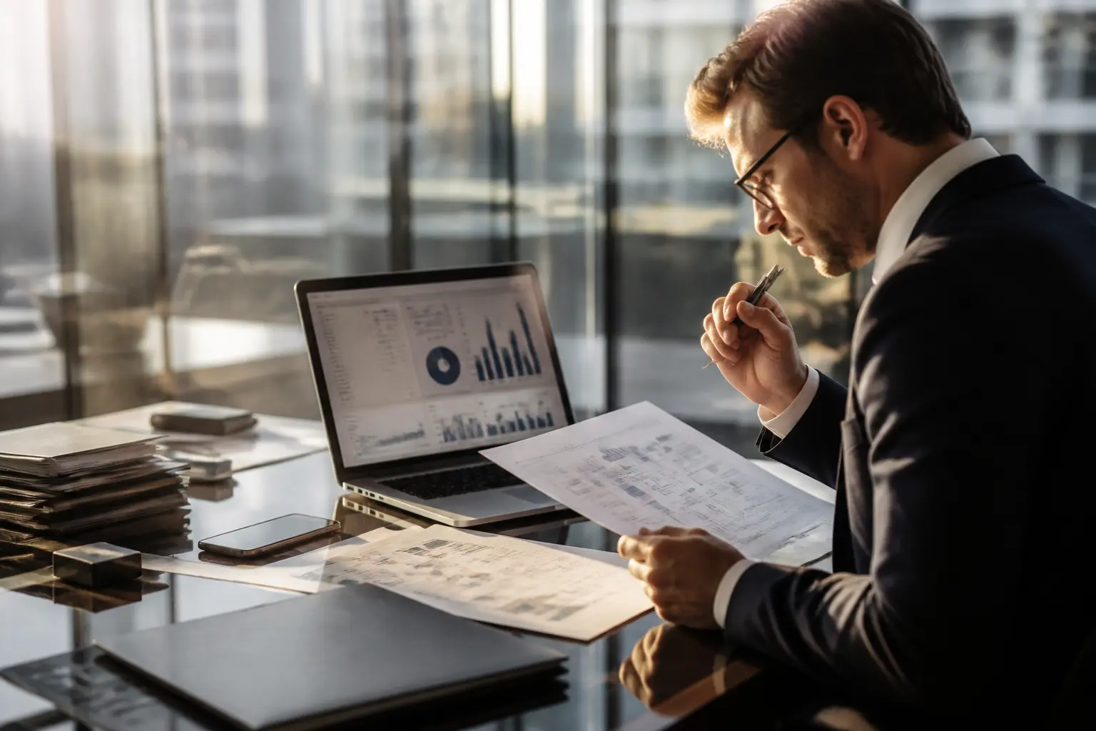 fullsix group : cadre d’enquête en bureau premium, analyste examinant dossiers, laptop, smartphone et vue parisienne floue