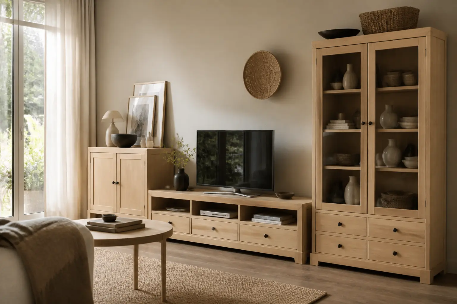 Salon scandinave avec meuble de rangement havas ikea, banc TV, vitrine et buffet en bois clair, lumière naturelle douce