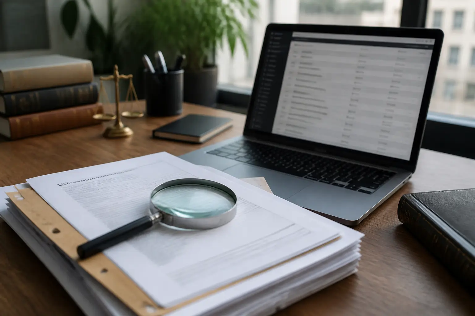 Liste des entreprises en redressement judiciaire gratuit sur écran, dossiers juridiques et loupe sur bureau professionnel
