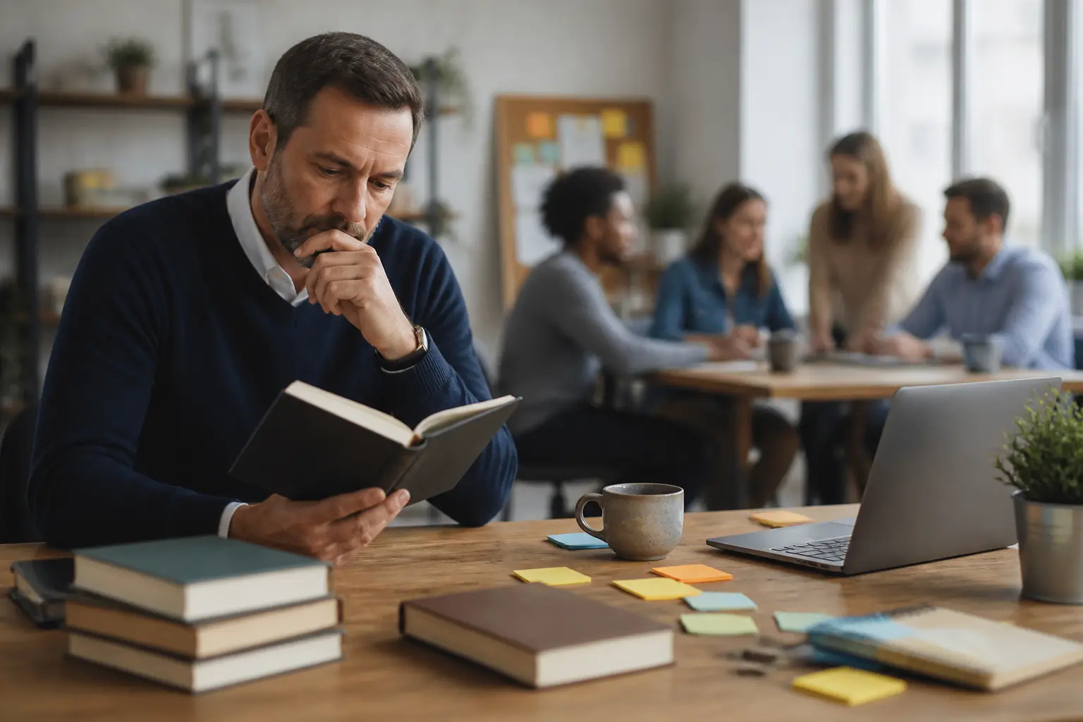 Manager choisissant un livre pour manager sur un bureau d’office, avec équipe floue en arrière-plan et notes de travail