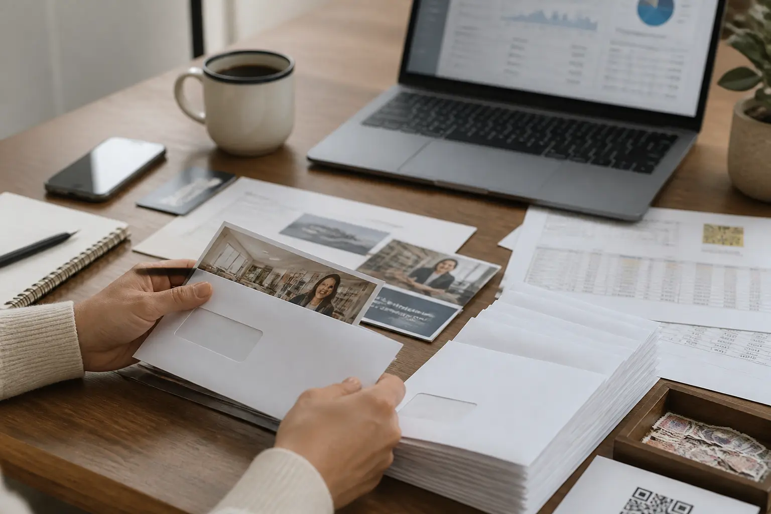 Mailing papier ciblé sur bureau avec enveloppes personnalisées, brochures, plan de campagne et outils marketing B2B.