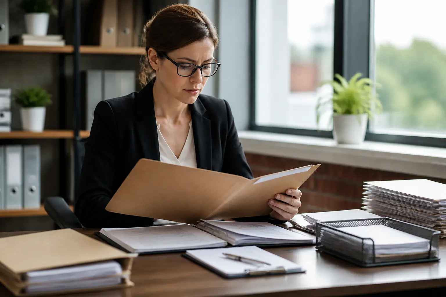 Professionnel du marché à bon de commande examinant un contrat et des bons de commande dans un bureau moderne.