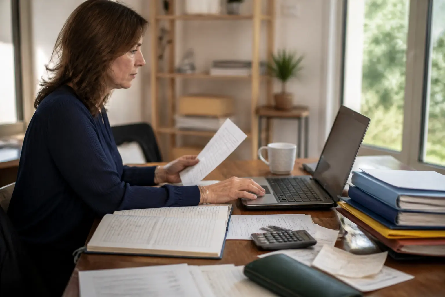 Trésorier d’association française au bureau, consultant un plan comptable des associations avec documents et calculatrice