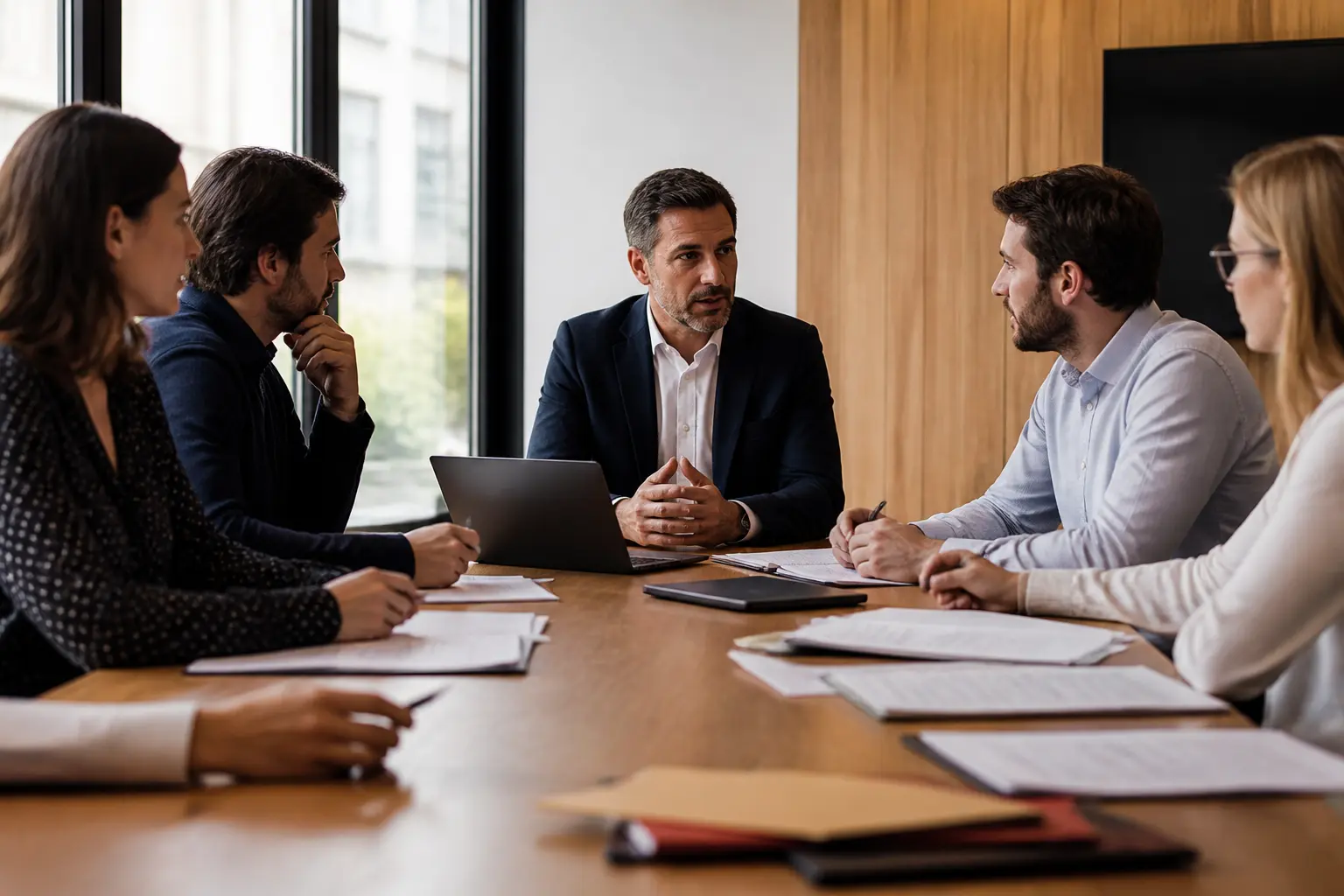 Réunion cse dans une salle moderne, employeur et représentants du personnel autour de documents, ambiance professionnelle.
