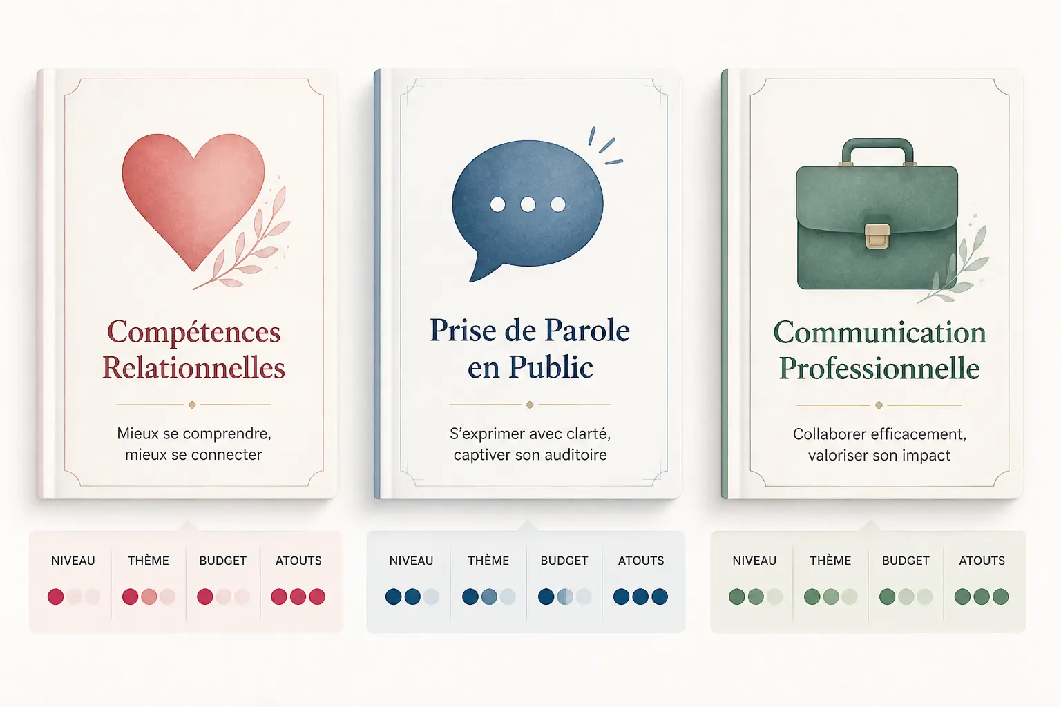 Tableau comparatif des 12 références : niveau, thème, budget, points forts