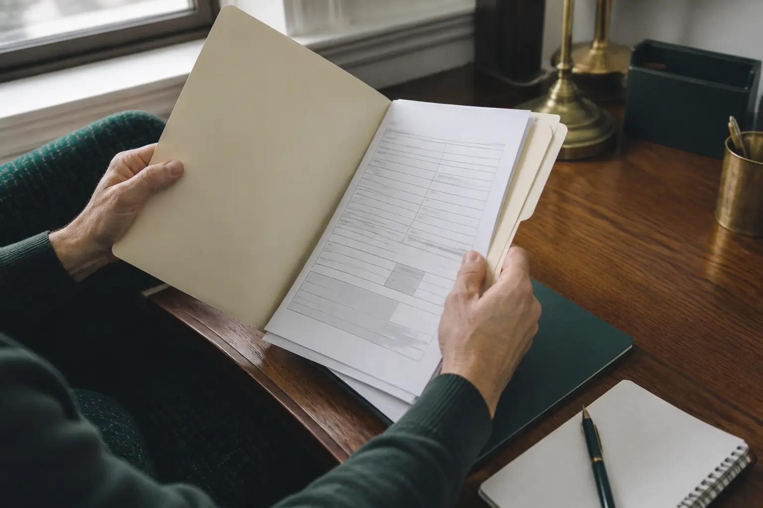 Mains examinant un dossier de demande de subvention sur un bureau municipal, association subventionnée en cours d’étude