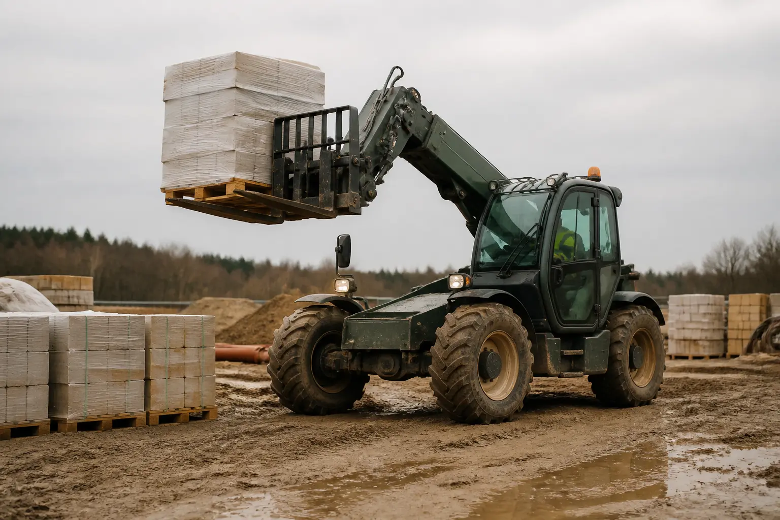 Téléhandler sur chantier boueux, levage de palettes, illustrant le caces f en extérieur