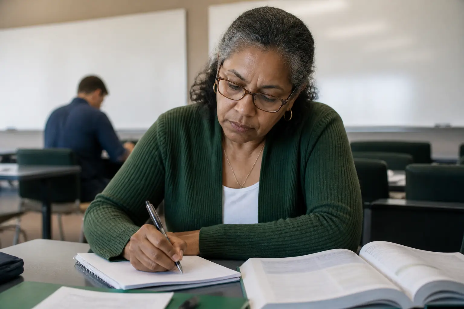 devenir formateur pour adultes greta : apprenant adulte prenant des notes en classe, cahier et matériel de formation sur le bureau