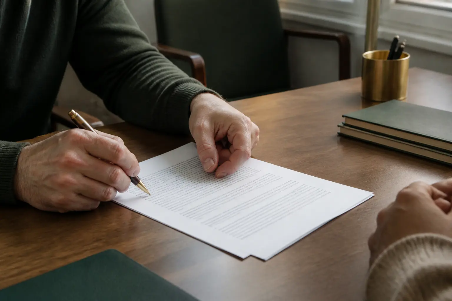 Mains examinant un contrat de formation avec cdi à la clé pôle emploi sur un bureau d’agence, lumière naturelle douce.