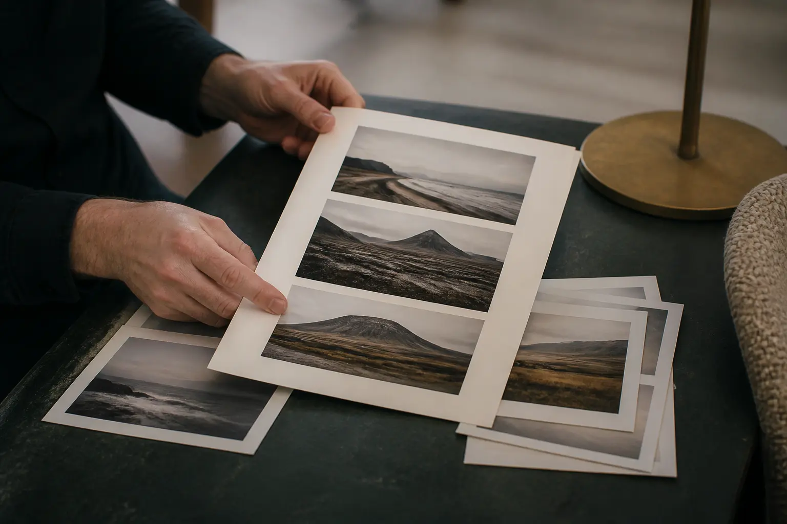 Mains consultant une série d’images imprimées dans un studio créatif, pour une formation midjourney, lumière naturelle douce.