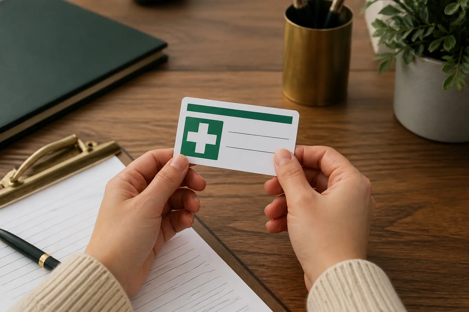 Mains consultant une carte de certification de premiers secours sur un bureau, mac sauveteur secouriste du travail en contexte professionnel