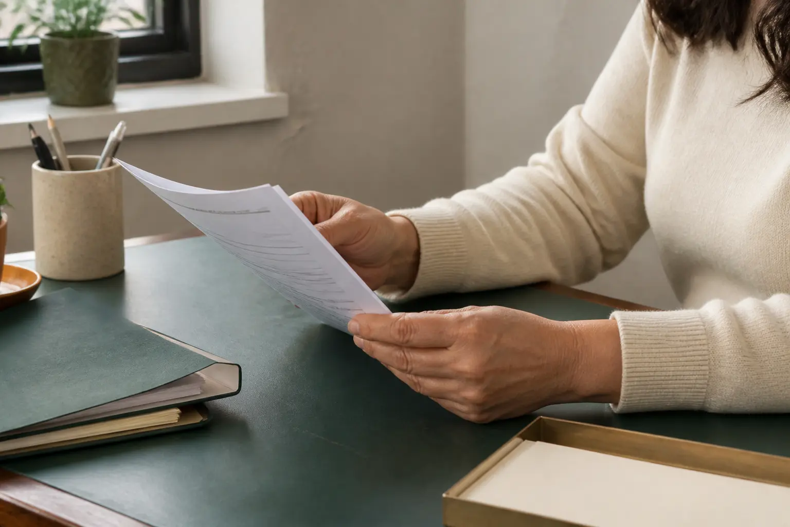 Mains examinant un formulaire de prêt adie sans garant sur un bureau d’association, lumière naturelle douce