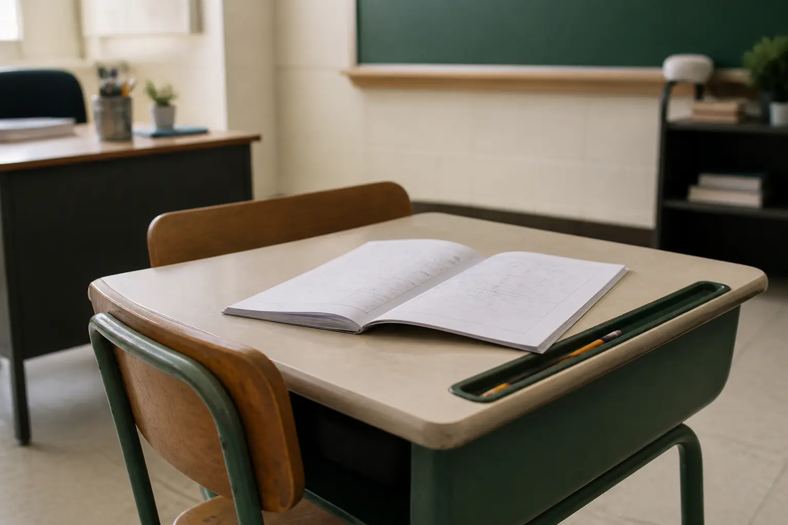 Classe vide avec bureau d’élève et feuille ouverte, illustrant que ne doit pas faire une aesh en classe primaire