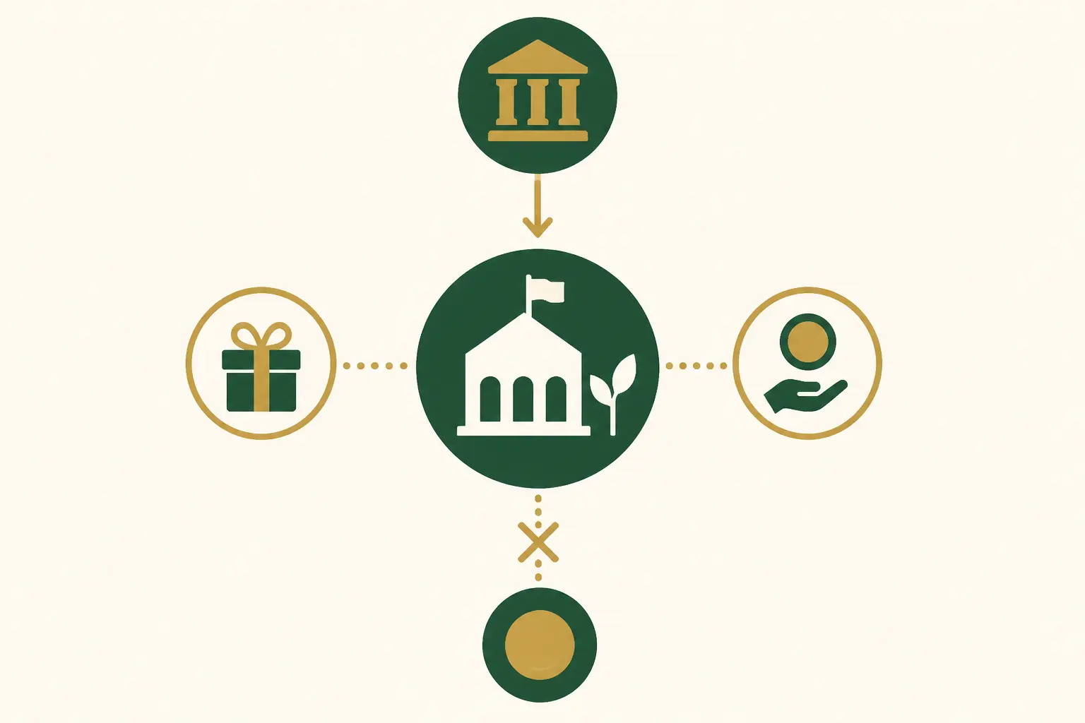 Schéma minimal d’une association subventionnée : aide publique, refus du paiement direct, dons et soutien en nature.