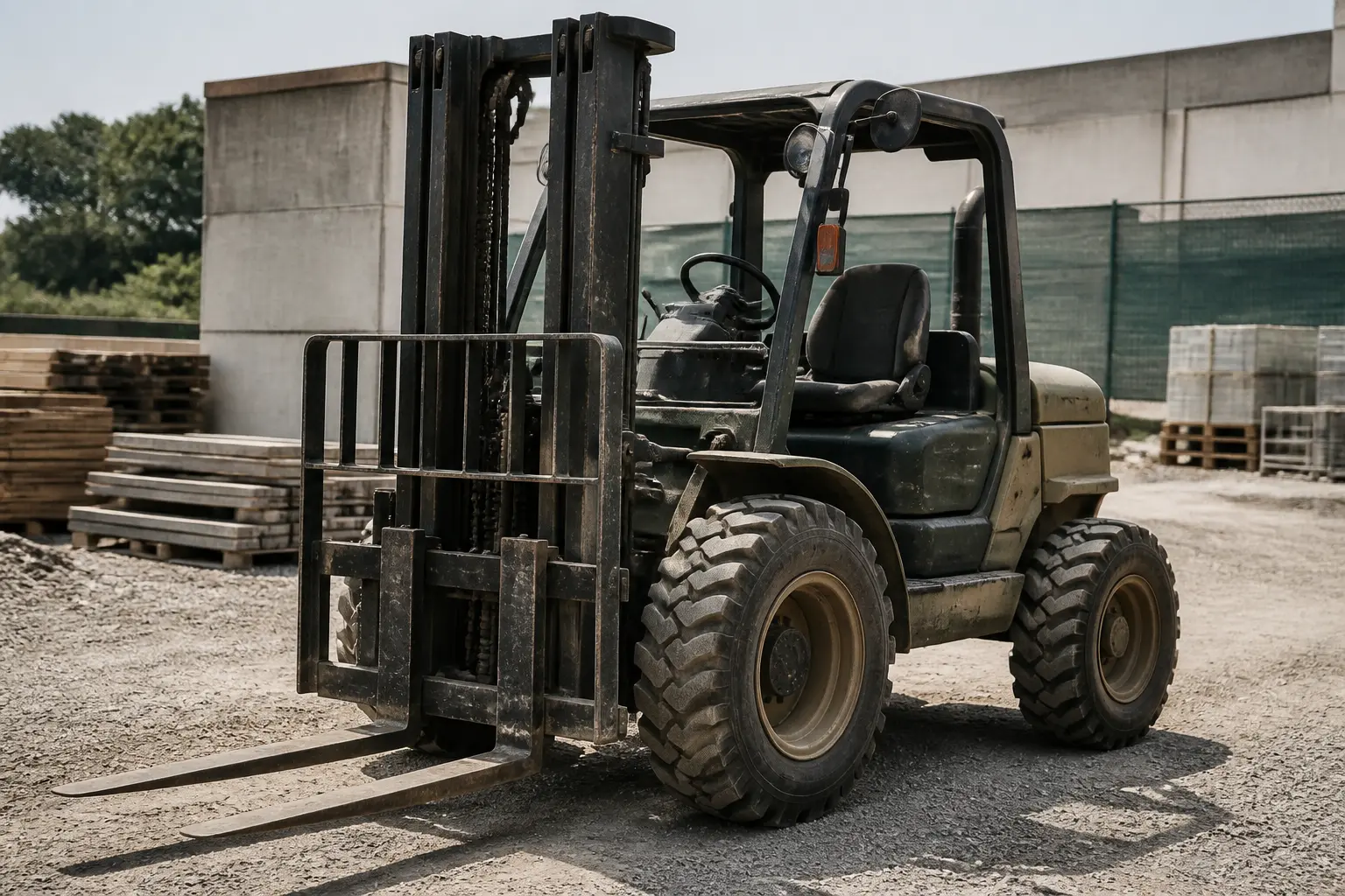 CACES F : chariot élévateur tout-terrain sur chantier, pneus larges, mât et fourches visibles