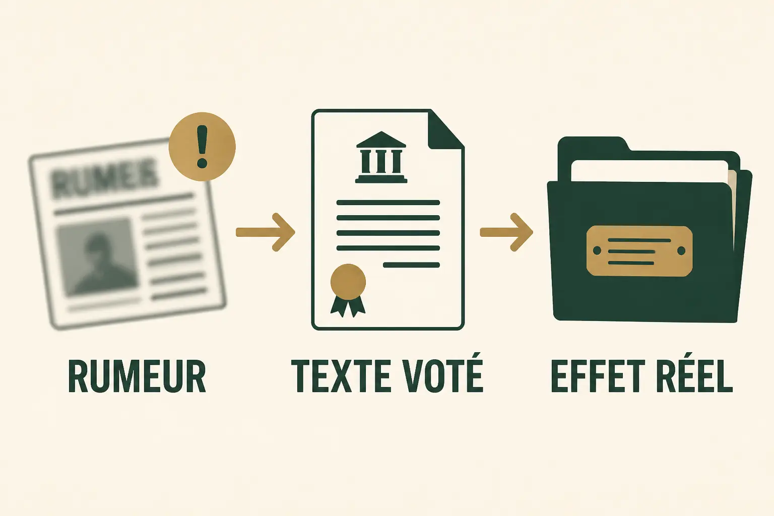 Schéma éditorial sur le fichage ficp nouvelle loi : rumeur, texte voté, puis effet réel sur un dossier.