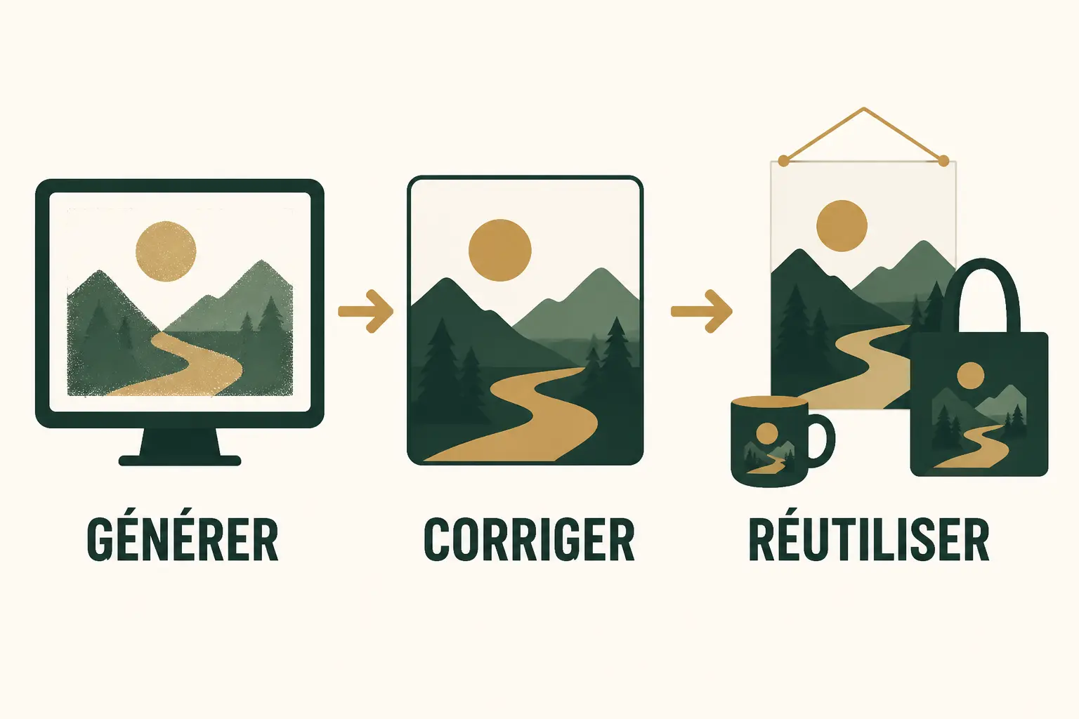 Formation midjourney : trois étapes visuelles montrent générer, corriger puis réutiliser une image IA.