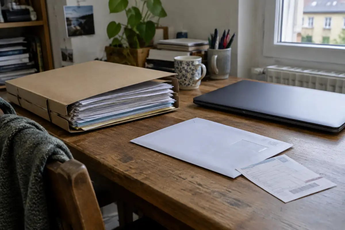 Dossier de papiers de fin de contrat et lettre recommandée prête à partir sur un bureau