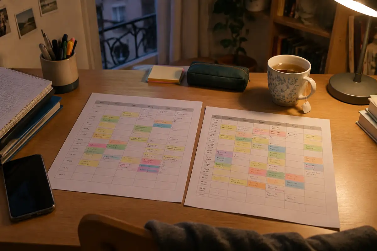 Emploi du temps de cours et planning de travail posés côte à côte sur un bureau