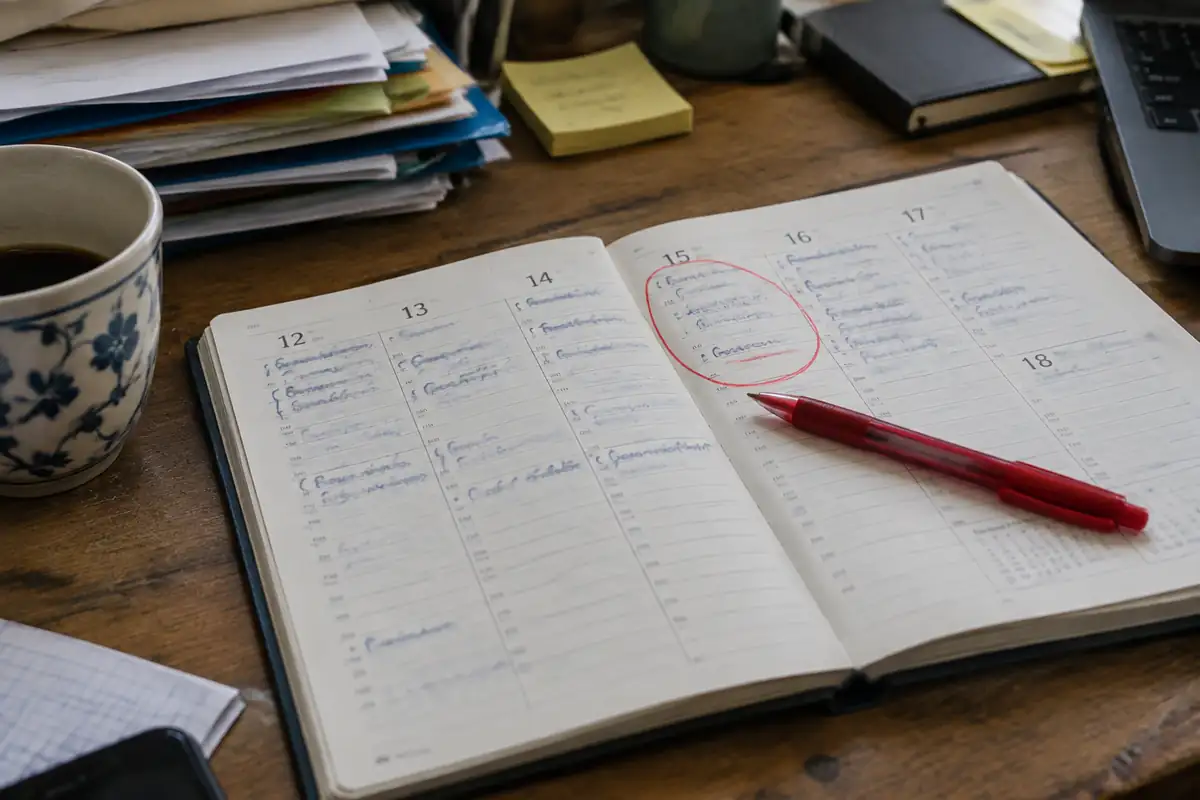 Agenda papier ouvert sur une semaine, un jour férié entouré en rouge