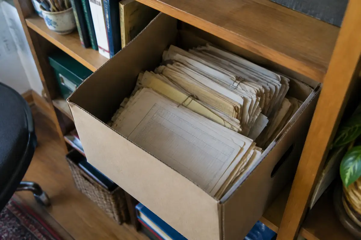 Boîte d'archives ouverte remplie de vieux certificats de travail et bulletins de paie