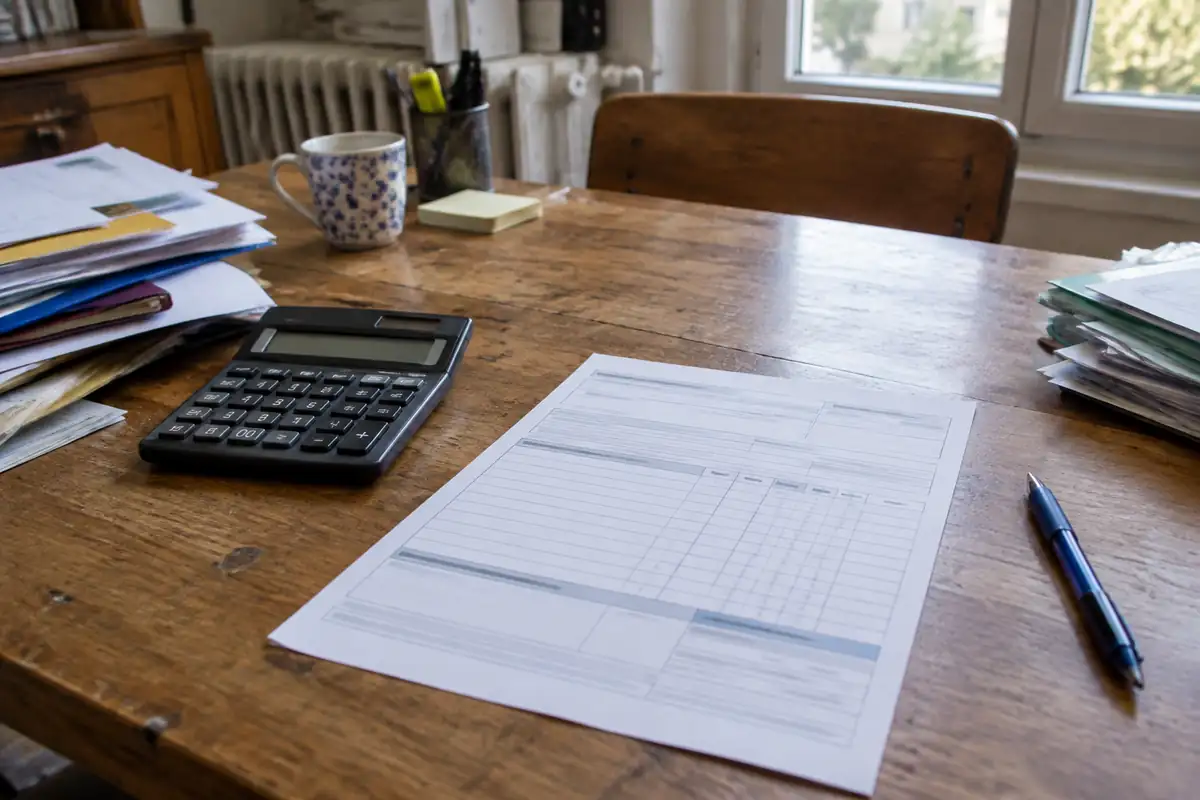 Bulletin de paie vierge, calculatrice et stylo posés sur une table de bureau