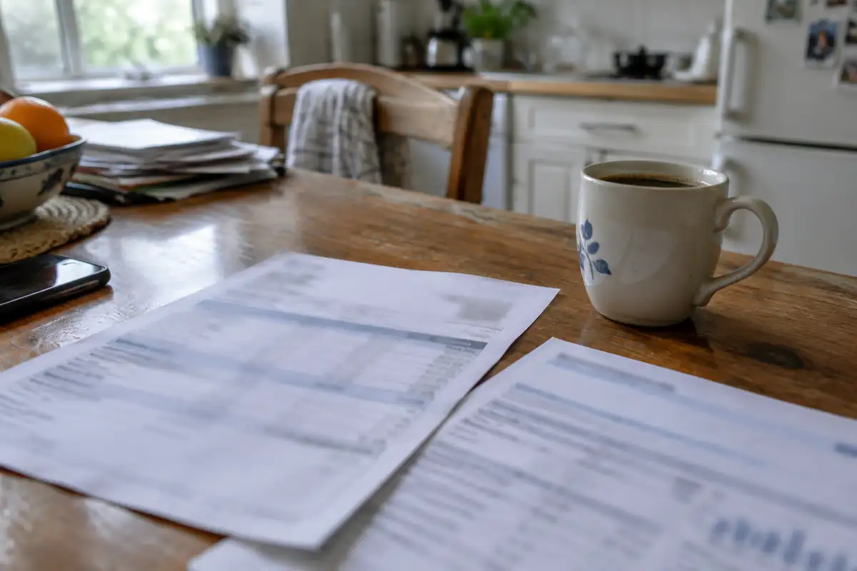 Bulletin de paie et relevé bancaire sur une table de cuisine