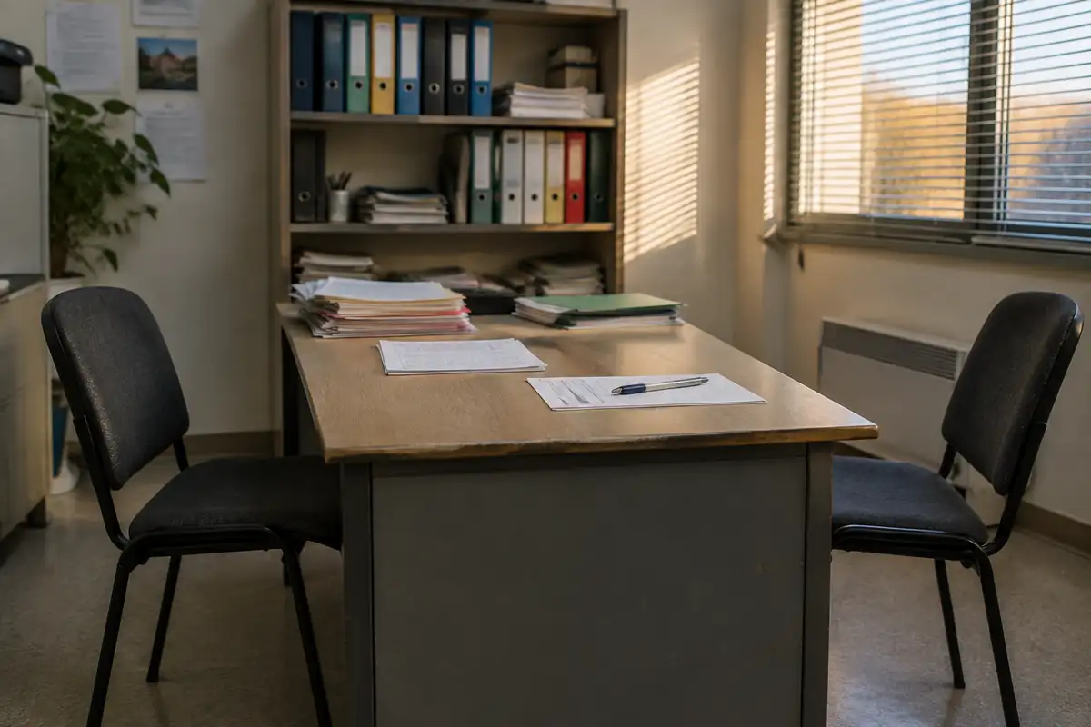 Deux chaises face à face de part et d'autre d'un bureau où sont posés des formulaires et un stylo