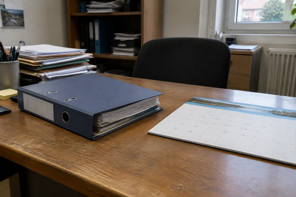 Classeur fermé et calendrier mensuel posés sur un bureau