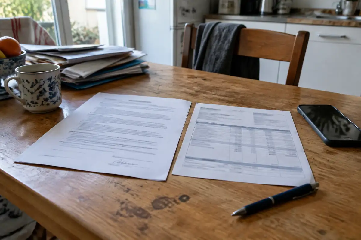 Contrat de travail et fiche de paie posés sur une table