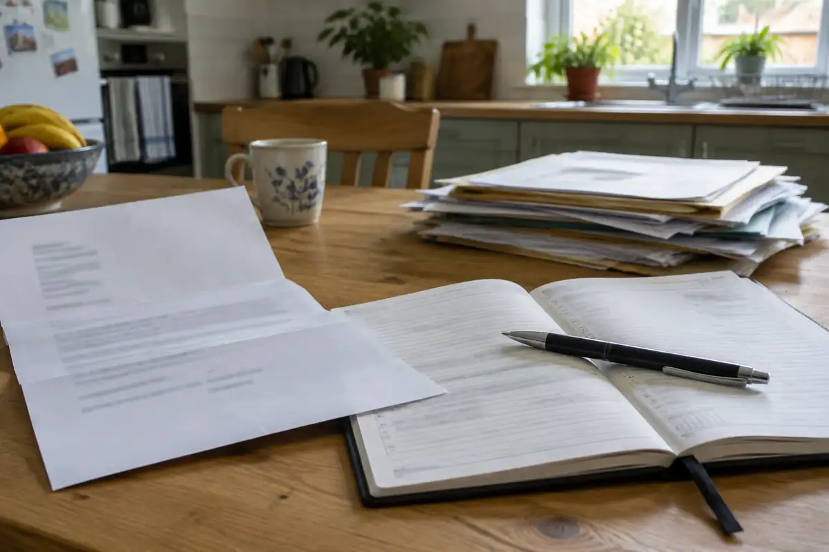 Lettre de convocation pliée et agenda papier ouvert sur une table de cuisine