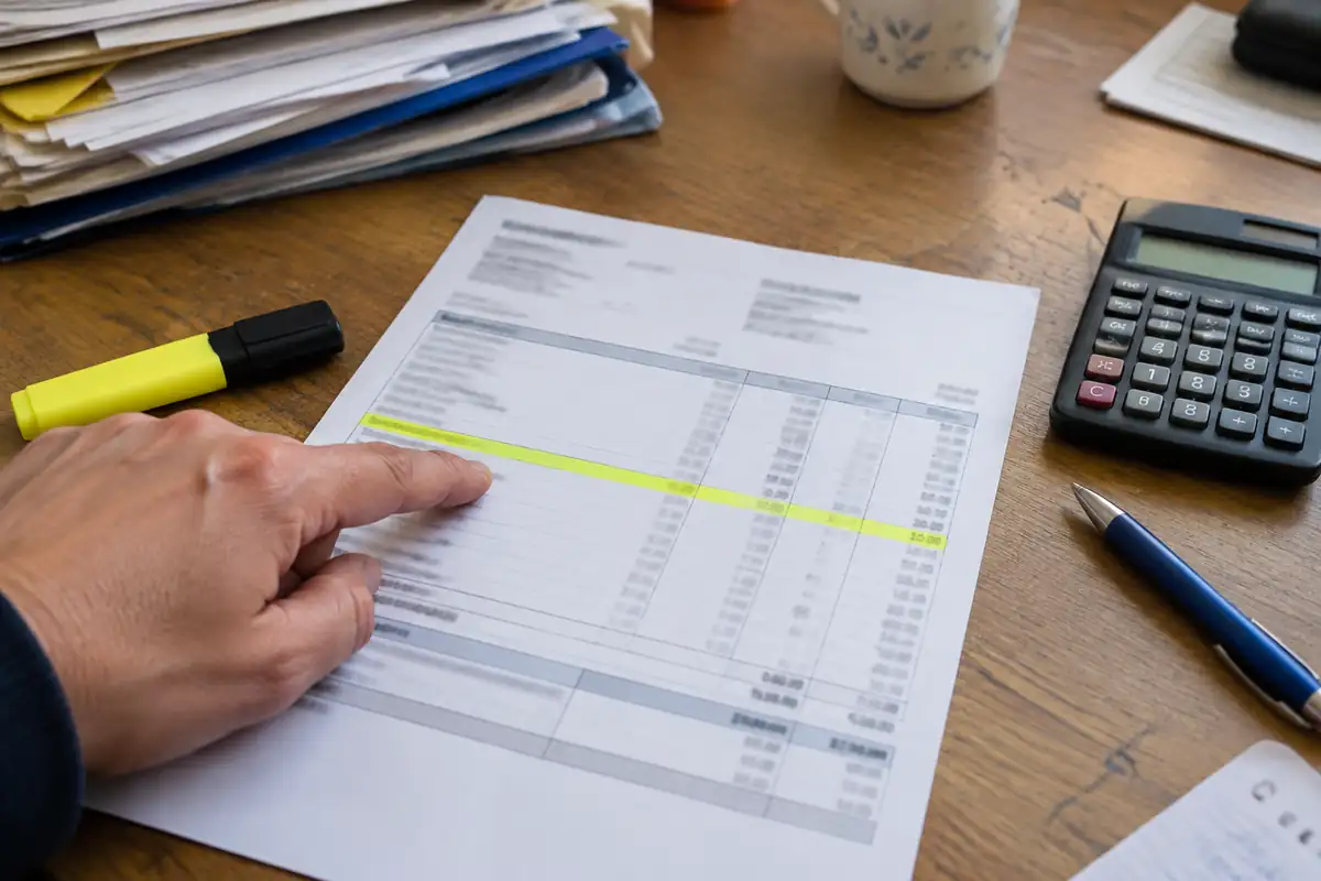 Fiche de paie surlignée sur une ligne, à côté d'une calculatrice