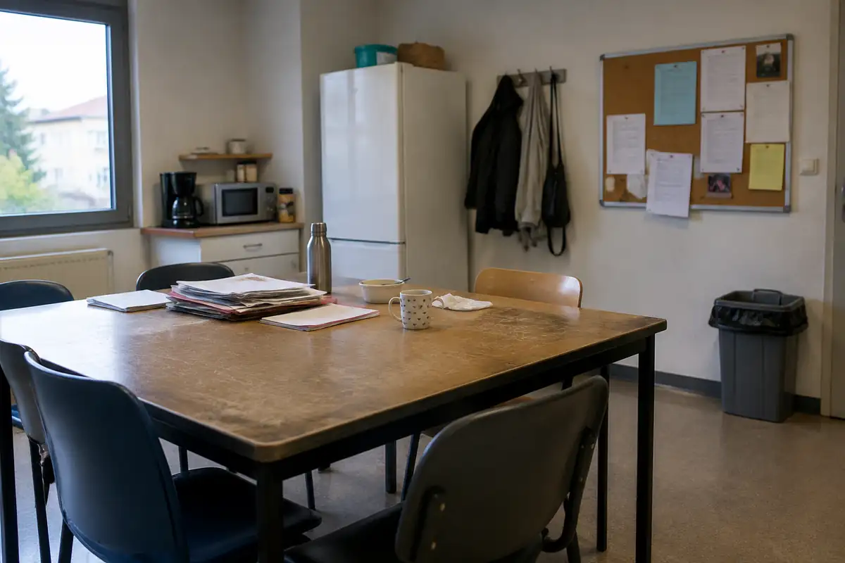 Salle de repos avec un tableau d'information au mur